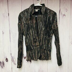 Alberto Makali Blazer Women's Large Crinkle Button Jacket Boho Brown Embroidered